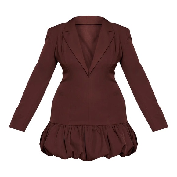 PrettyLittleThing Dresses & Skirts - PRETTY LITTLE THING CHOCOLATE PLUNGE PUFF HEM BLAZER DRESS.       NEW W/ TAGS
